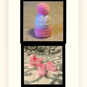 NEW 12 HAND CROTCHED MINI BABY GIRL POM POM HATS FOR A BABY SHOWER + CAKE TOPPER
